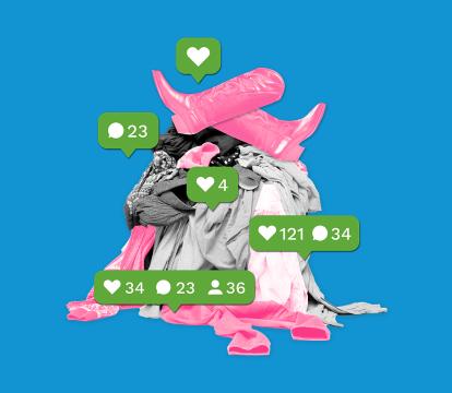 A collage of a pile of discarded clothes surrounded by Instagram likes.