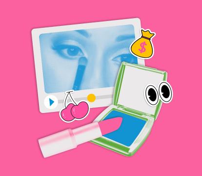 A collage with a lady doing her makeup, lipstick and a blue eyeshadow.