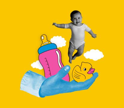 A collage featuring a mans hand holding a rubber duck, a bottle and a baby. Clouds surround the collage.