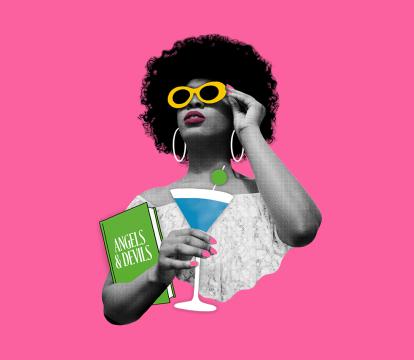 A collage of a black women with curly black hair hair looking stylish with yellow sunglasses, large hoop earring and a martini.