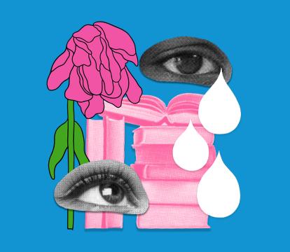 A collage of images featuring two crying eyes, a pile of books and a wilting flower.