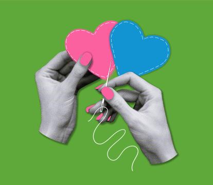 Two hands sewing together hearts.