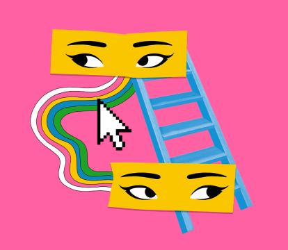 Two sets of cartoon eyes look in different directions. One sits at the top of a ladder, one is at the bottom.