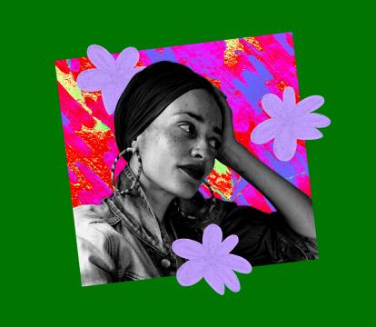 A grayscale photo of a person wearing a headscarf and earrings is layered over a vibrant pink and red background with purple flowers.