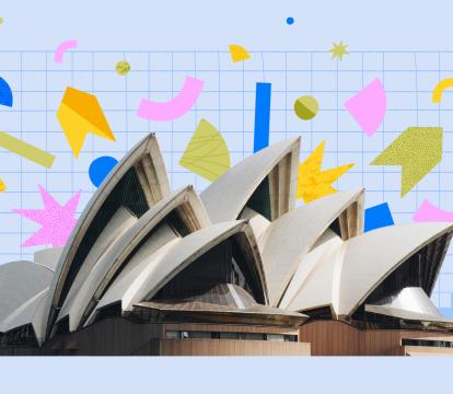 On a light blue background, a cut out of the Sydney Opera House is surrounded by colourful shapes exploding out of it.