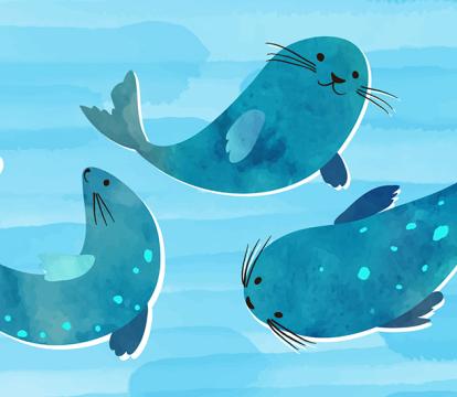 A water colour painting of three seals under water