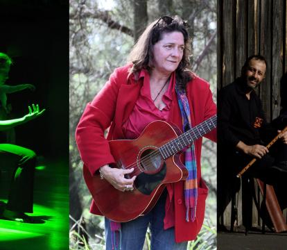 Three images: one of a dancer in green light, one of a woman holding a guitar, and one image of two men holding a guitar and flute.