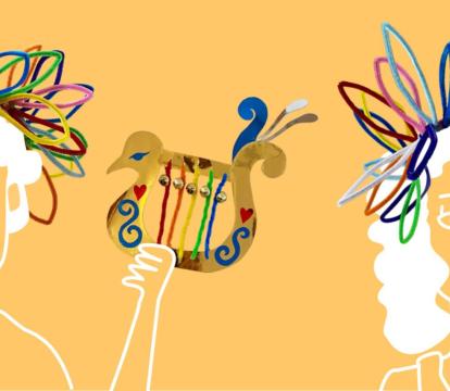 An illustration of two people wearing leaf crowns holding a lyrebird harp