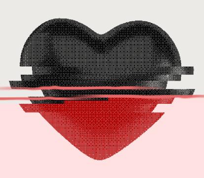 A graphic of a cartoon heart. The top half is black and a static effect separates it from the red base of the heart