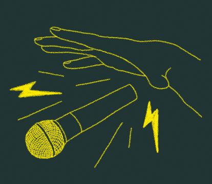 A bright yellow illustration of a hand dropped a microphone with lightnight bolts surrounding it on a dark green background.