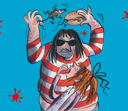 Illustration of a man with stripy clothing, sunglasses and long hair holding a rat and a burger above his head. A little girl with a red haired ponytail stares up at him and gasps