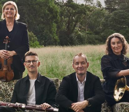 Four chamber orchestra members sit in a grassy field.