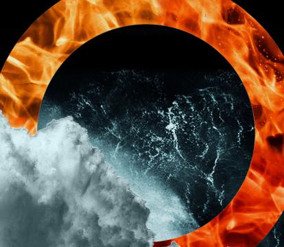 Graphic treatment of a ring of fire over ocean water and cloud.