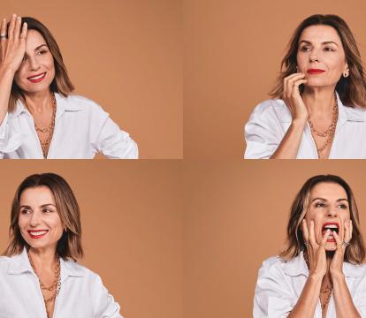 A collage of a woman in a white shirt with different face expressions.