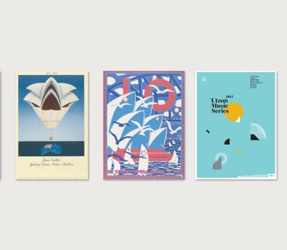 A collection of five posters on a white wall.
