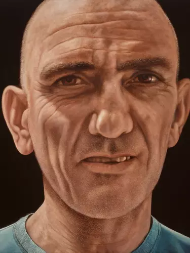 A painting of a man with no hair and blue top facing forward.