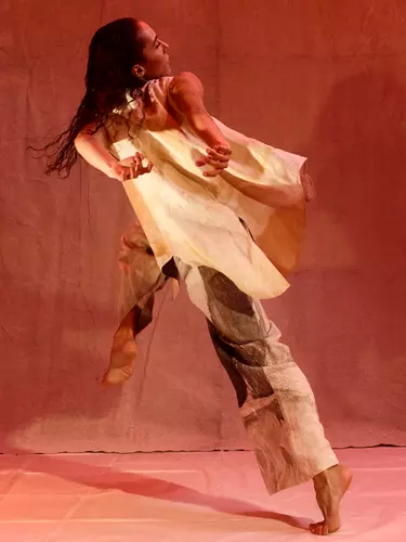 The back of a dancer in mid movement with one leg lifted and hands thrown back. Head looking to one side, against an ochre coloured backdrop.