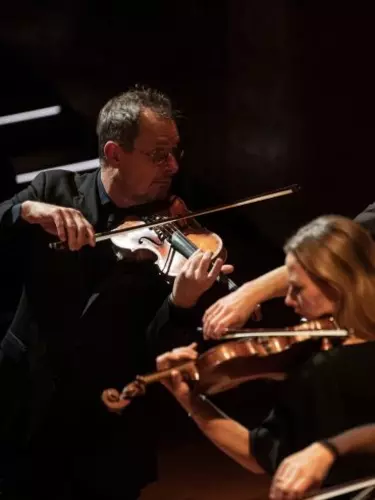 A 50-year old man plays violin next to another male violinist and a female violinist.