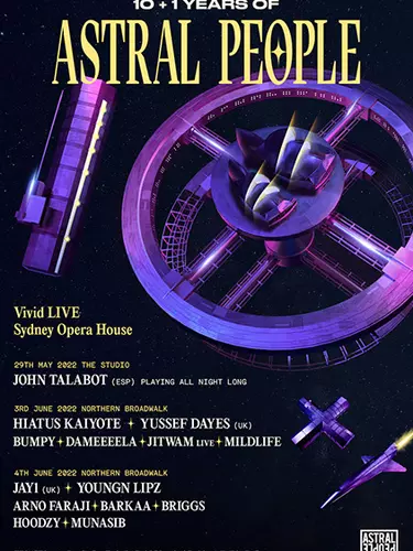 A poster with 'Astral People' titled, next to a metal cog/wheel.