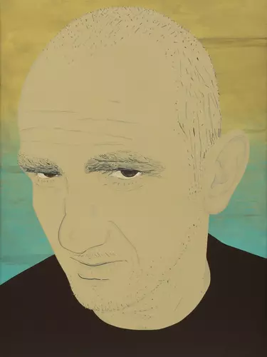 A drawing of a man with short hair, gazing with a blue and yellow background.