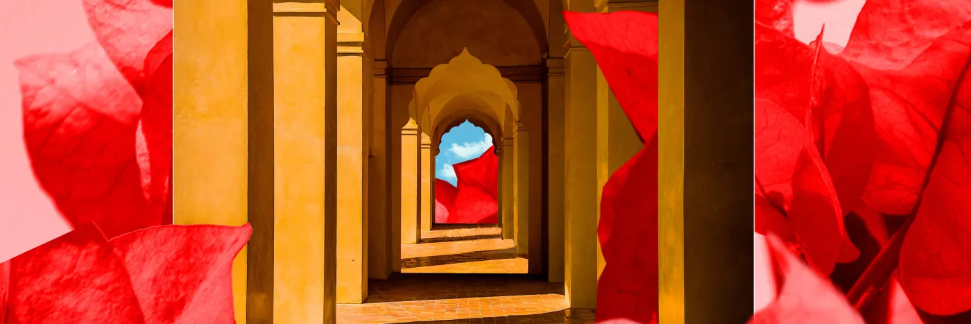 Image showing a Morrocan style mustard yellow hallway with red flowers graphically shown around it