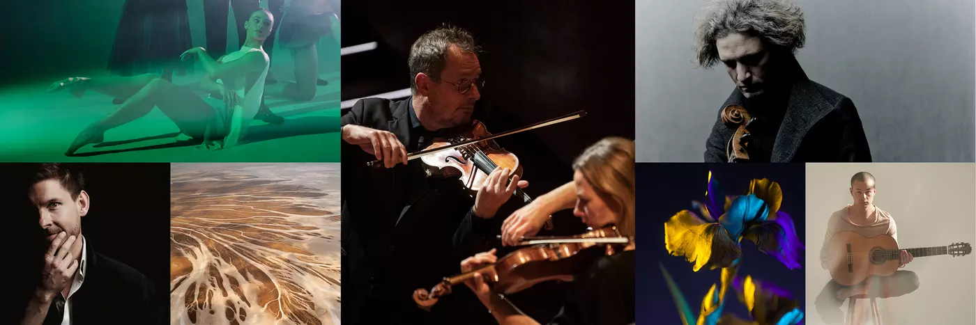 A collage of pictures, featuring a man playing violin, one female dancer in green light, one older white man in shaded light looking at his violin, one Asian man holding an acoustic guitar, one image of a brown-toned river system, a purple, blue and yellow flower, and a man in a suit with his hand on his chin.