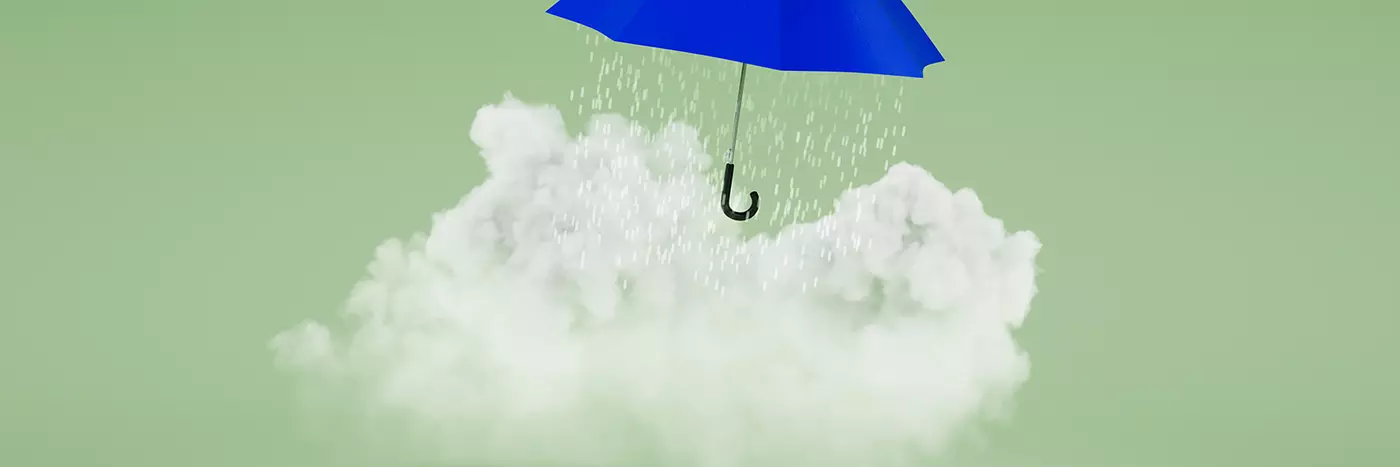 An animation of an umbrella on top of a cloud and the rain coming through the umbrella.