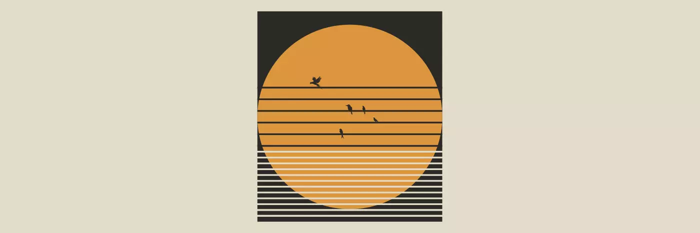 An orange circle on a black rectangle with black horizontal wires across the center and silhouette of 5 birds sitting on the wires.