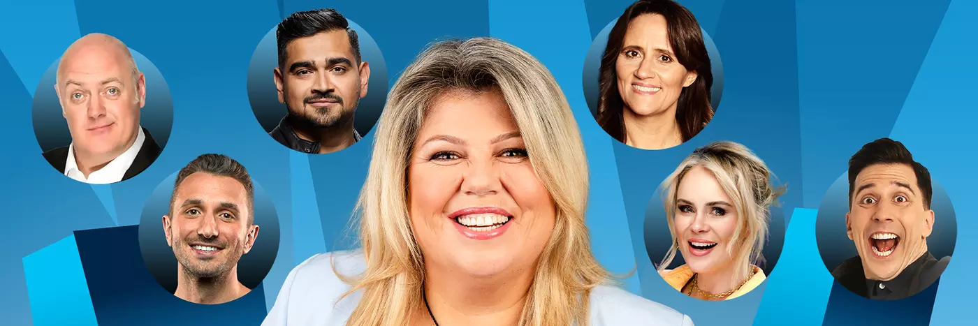 Four male and three female comedians are shown against a blue background.