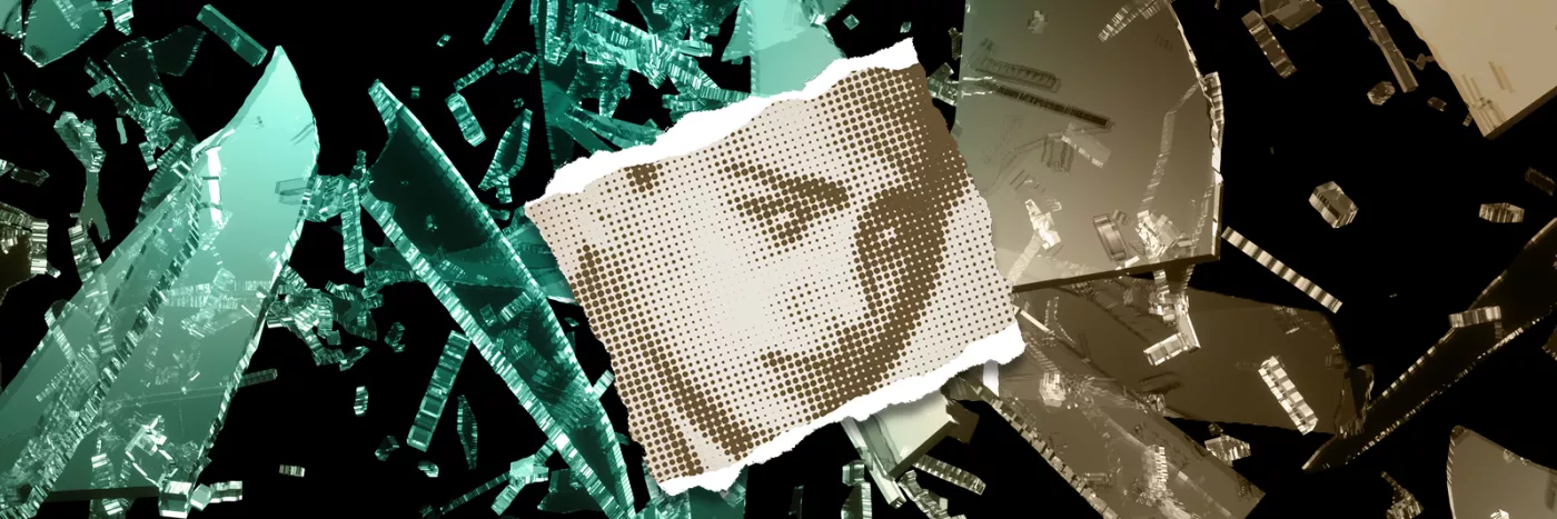A speckled sepia image of a young boy against a background of broken glass