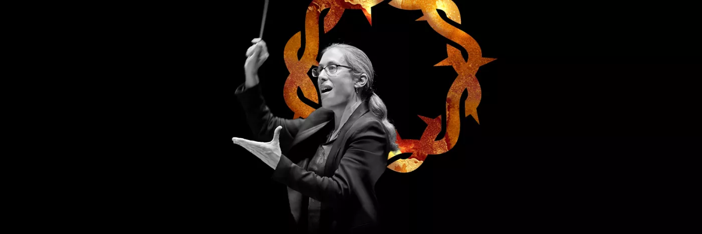 Woman conducts with a baton in her right hand and a graphic of a crown of thorns as the background