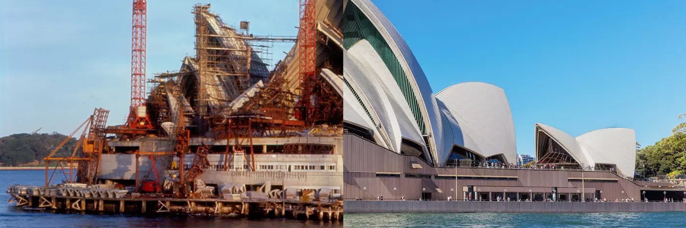 Sydney Opera House during construction in comparison to the House now