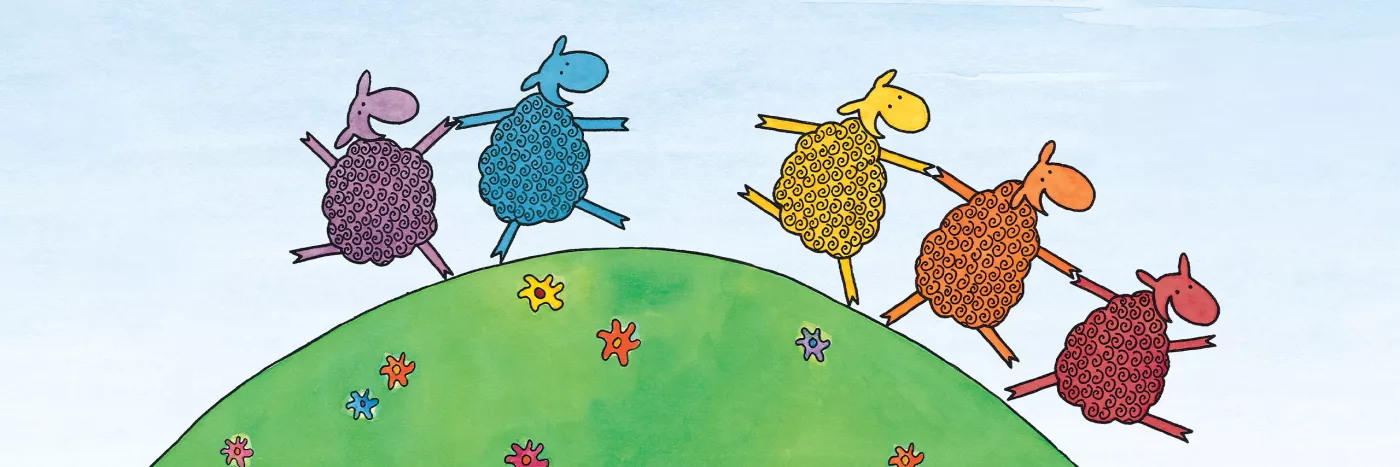 An illustration of five coloured sheep holding hands and skipping through a field.