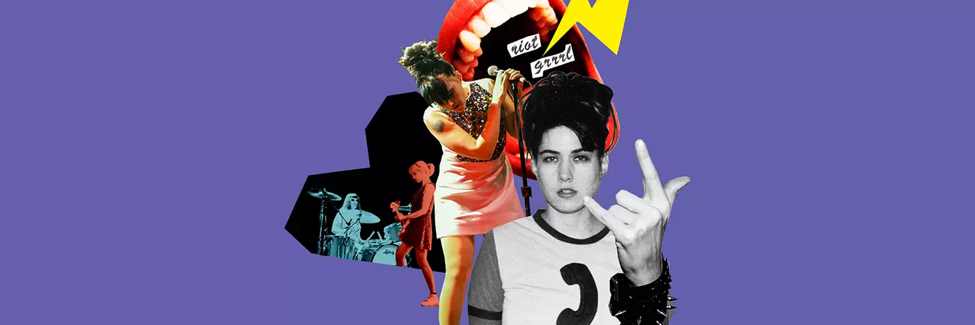 A collage of Bikini Kill rock band performing on stage with a big animated mouth in the background.