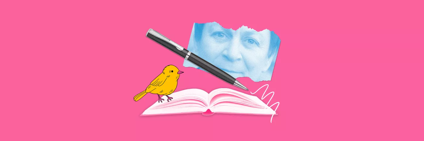 A collage featuring a yellow bird, a pen and a scrap of paper with a face on of a mature white woman.