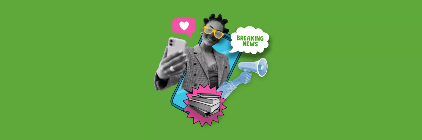 A graphic collage featuring a young, black women taking a selfie with a text bubble saying 'breaking news'.