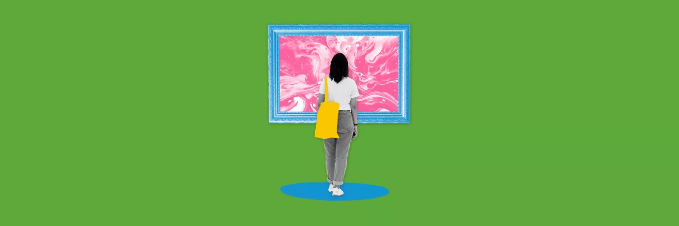 A collage of a woman staring at an artwork in a blue frame.
