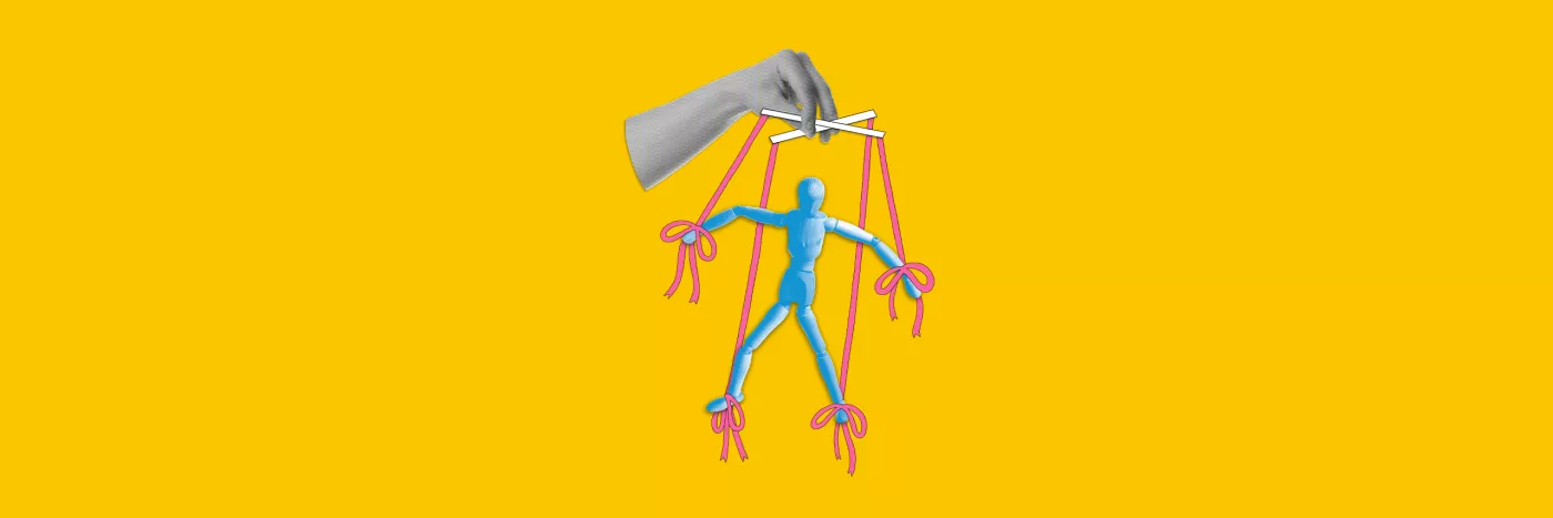 A collage of a hang controlling a wooden puppet with pink strings.