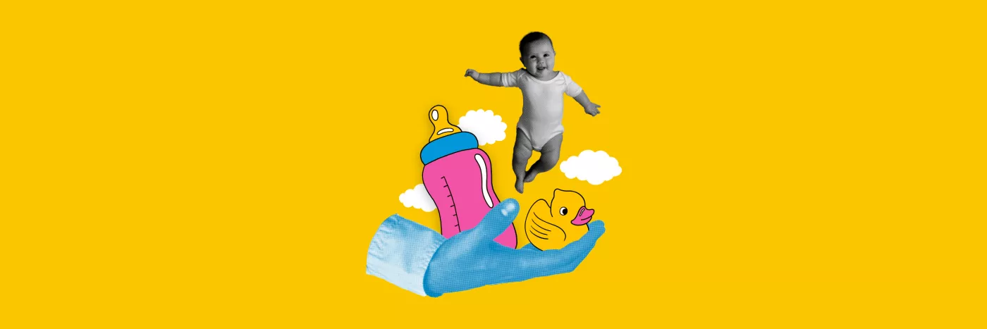 A collage featuring a mans hand holding a rubber duck, a bottle and a baby. Clouds surround the collage.