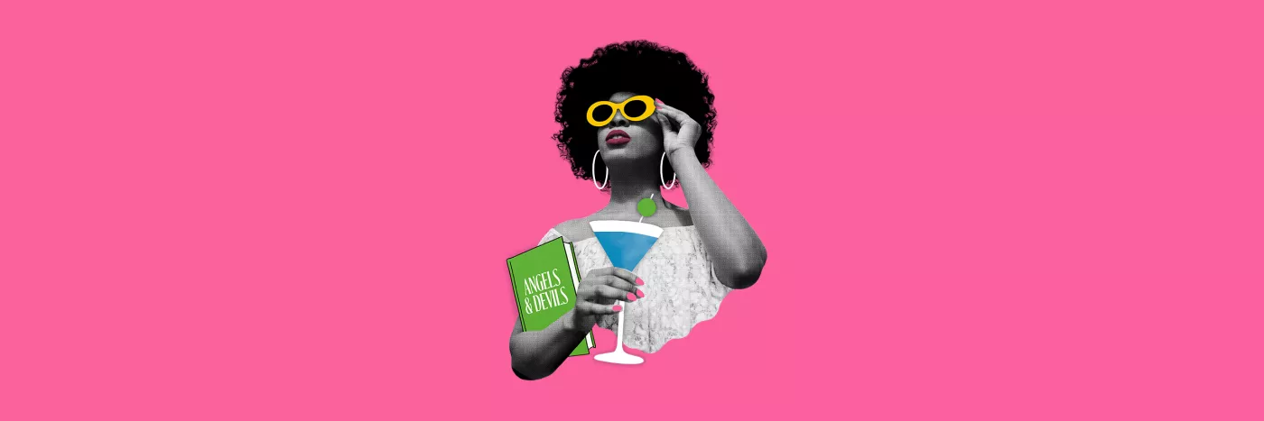 A collage of a black women with curly black hair hair looking stylish with yellow sunglasses, large hoop earring and a martini.