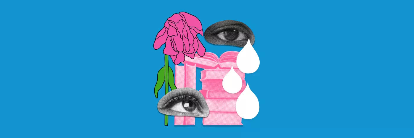A collage of images featuring two crying eyes, a pile of books and a wilting flower.