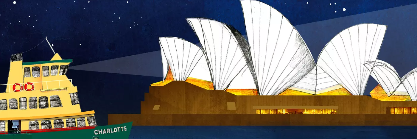 An illustration of a Manly ferry and the Sydney Opera House