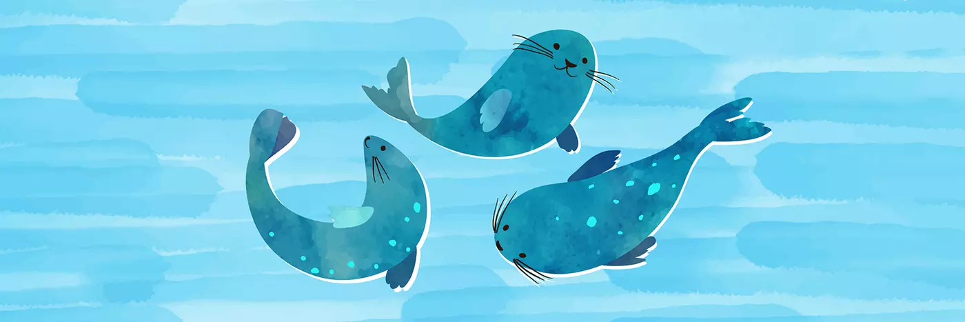 A water colour painting of three seals under water