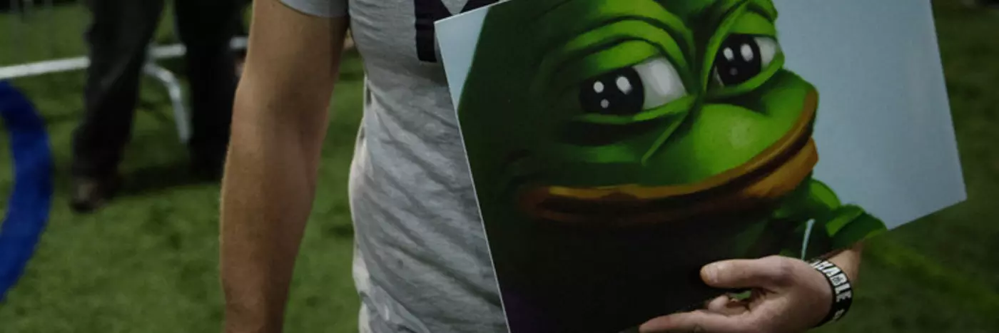 A person holding a poster with a frog on.