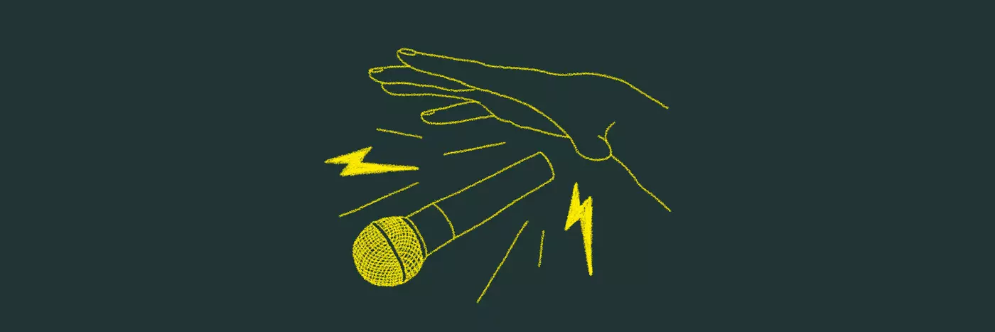 A bright yellow illustration of a hand dropped a microphone with lightnight bolts surrounding it on a dark green background.