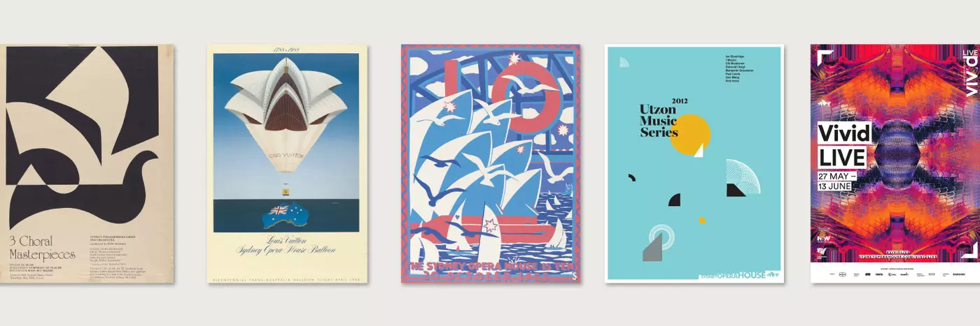 A collection of five posters on a white wall.