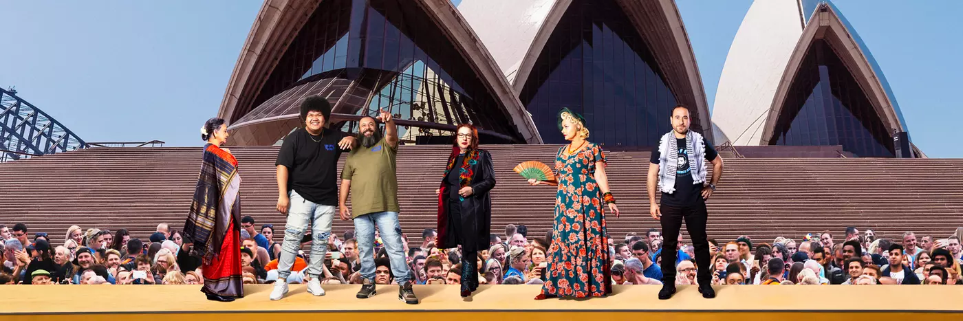 Three men and three women from different backgrounds stand on a yellow platform in front of the Sydney Opera House sails in front of an audience.