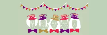 Five white cartoon drawings of children wearing tea cup hats in purple, gold and pink and bow ties. There is bunting above their heads.