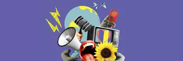 A colourful animation of hands holding the earth, megaphone, mouth, TV, phone and gavel.