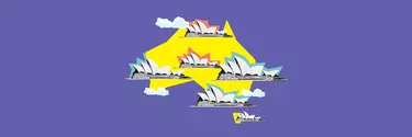 An animation of Australian map and multiple Sydney opera house sails on it.